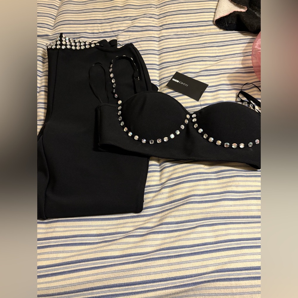 Fashion Nova Black Studded Top and pants set